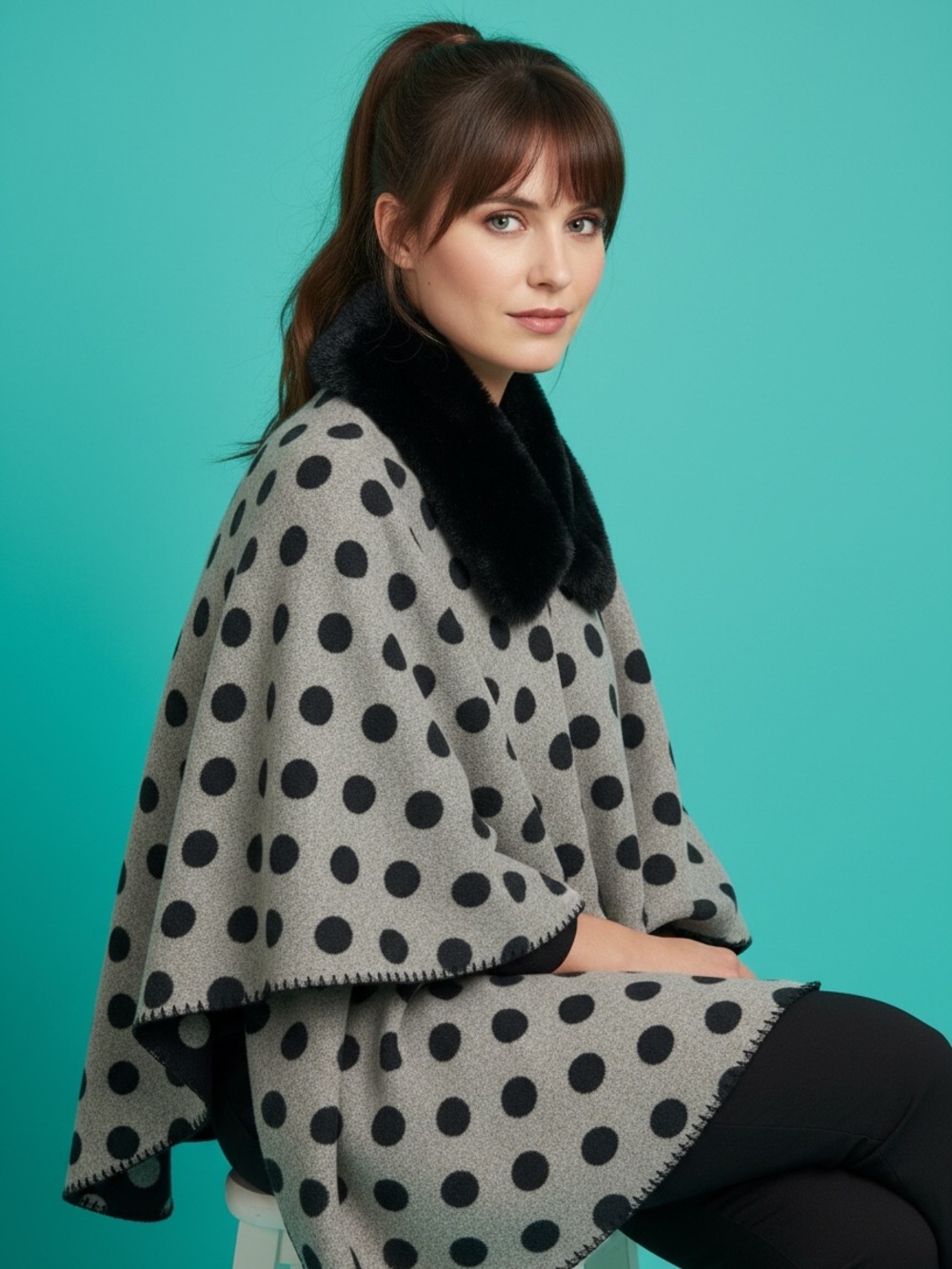 Loft Polka Dot Faux Fur Trim Cape Wrap Size M